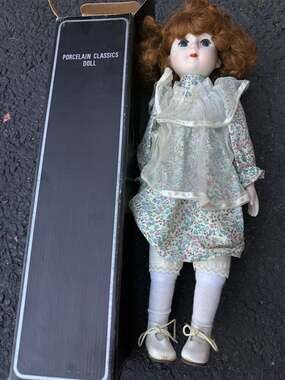 Porcelain Classics Doll with Red Curly Hair and Floral Dress in Original Box